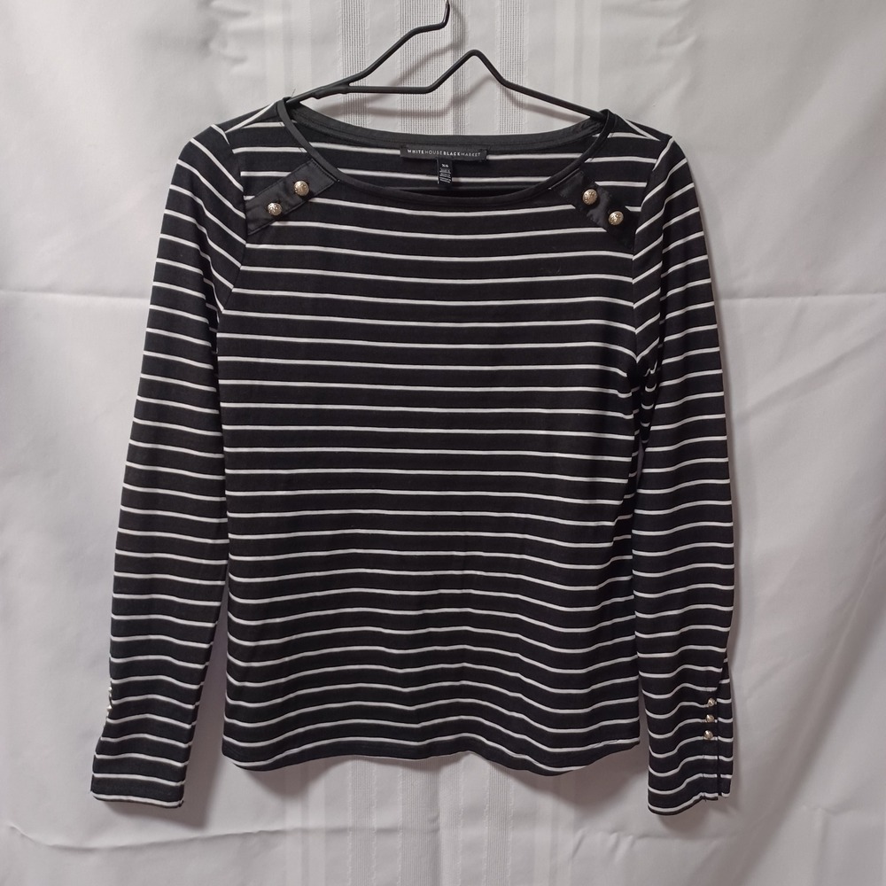 White House Black Market Top Womens XS Black Striped Boat Neck Button Shoulder‎